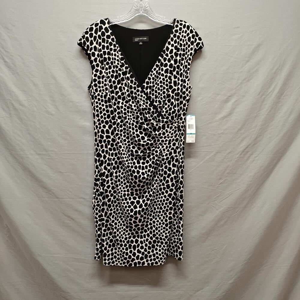 Jones New York Dress Womens 16 White Black Matte Jersey Ruched Sheath V Neck